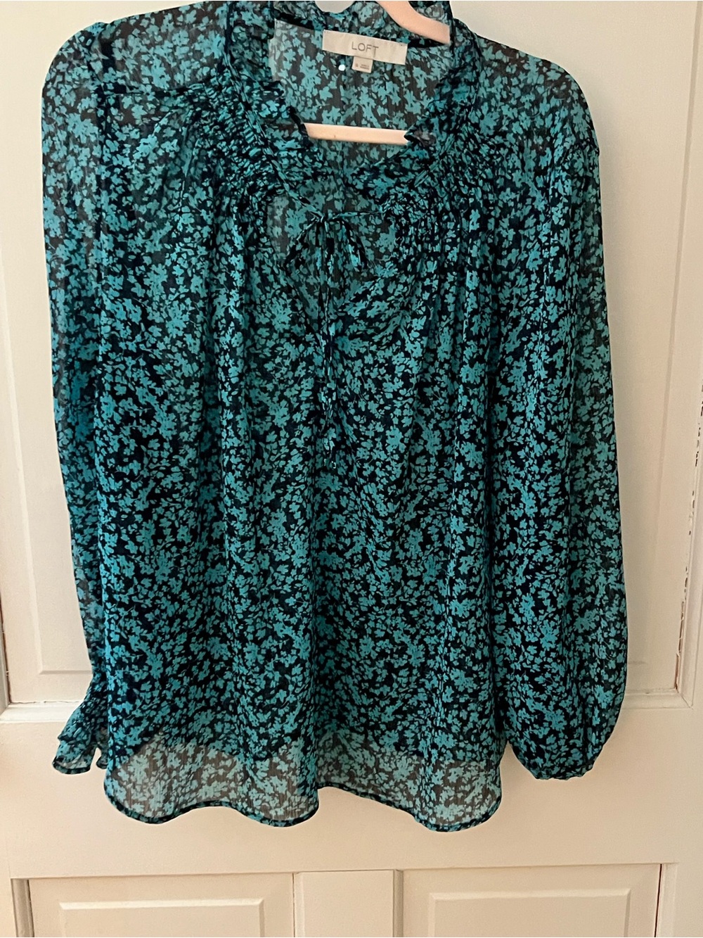 LOFT Teal and Black Floral Tie-Neck Blouse